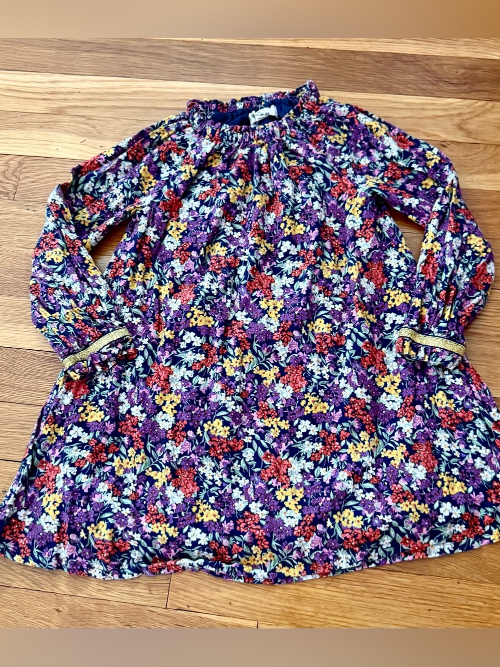 Mini Boden 3-4Y Fully-Lined Gathered Neck Dress Multi Bloom w/Sparkly Trim